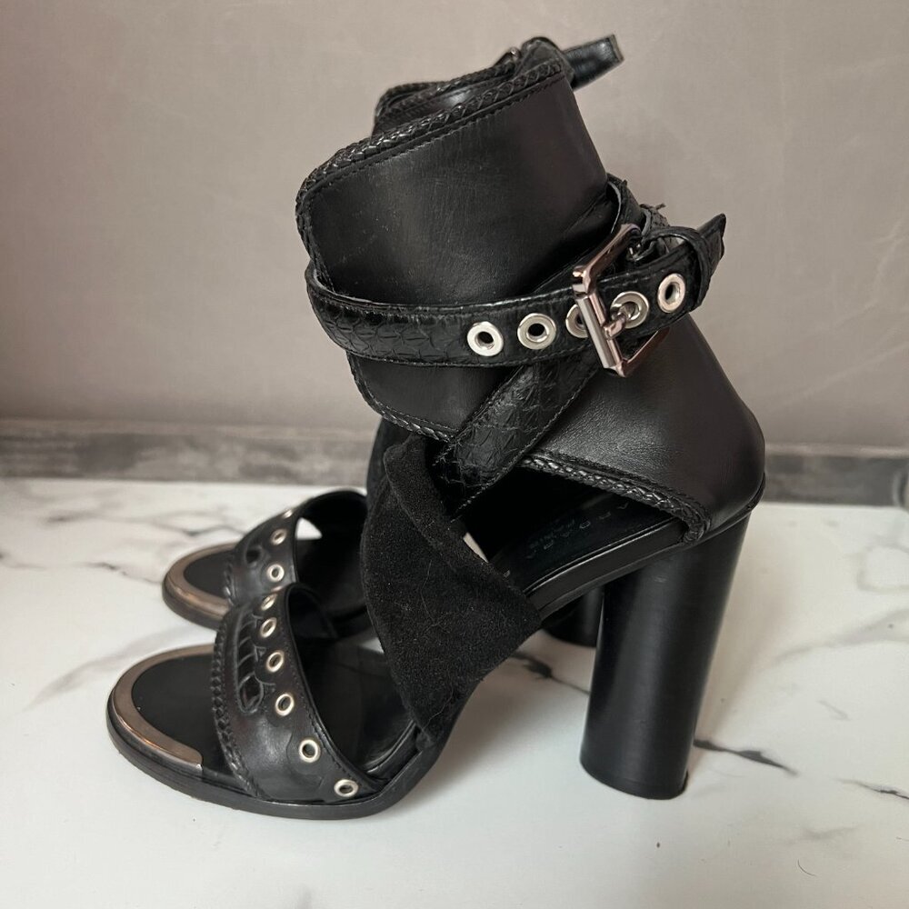 Barbara Bui Black Leather Grommet Buckle Gladiator Heels Size 37.5 - Picture 6 of 10